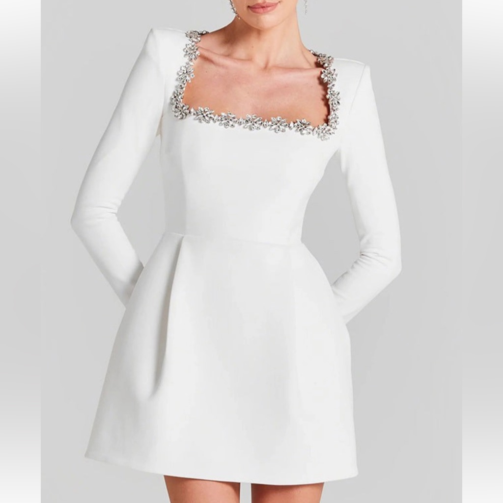 Nadine Merabi”Kimberley”Structured Crepe Dress,Jewelled Square Neckline,Sz12,New
